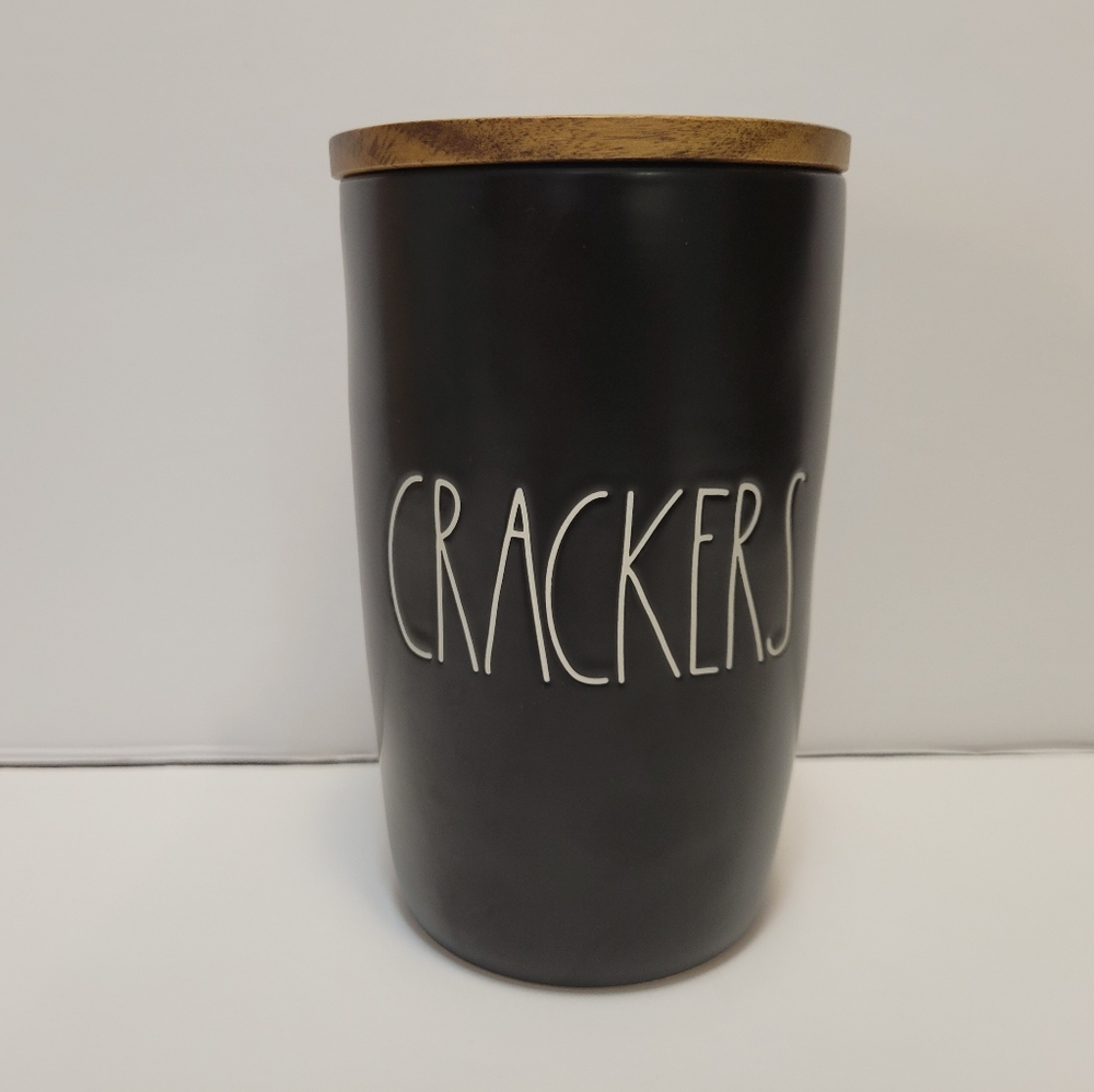 Rae Dunn CRACKERS Cellar Canister With Wood Lid Black